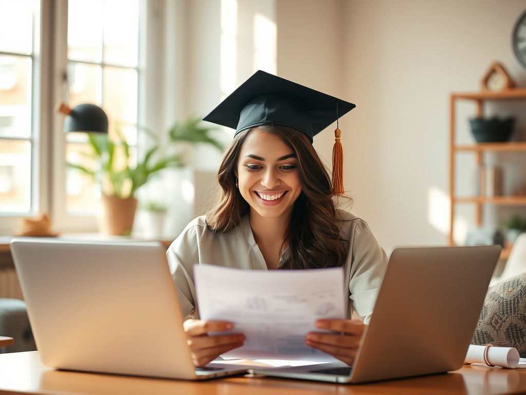 A recent graduate confidently reviews private student loan refinance options on their laptop, planning their financial future.